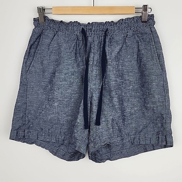 Jachs Girlfriend Blue Chambray Linen Blend Shorts Elasticized Waist Tie Sz Small - Picture 1 of 14